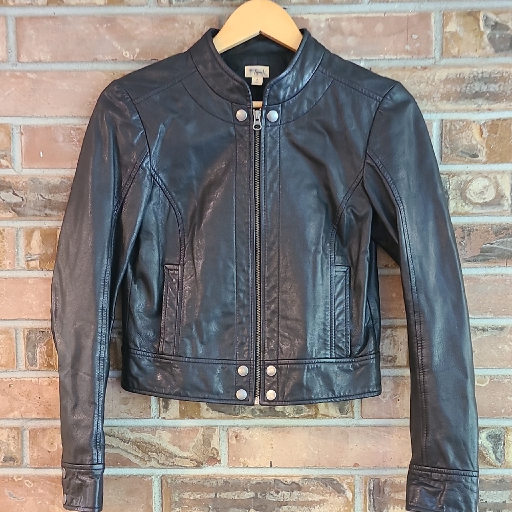 Frenchi Black Leather Motorcycle Jacket Cropped Style